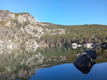 Rocas en primer plano con reflejo del bosque en la Laguna Negra